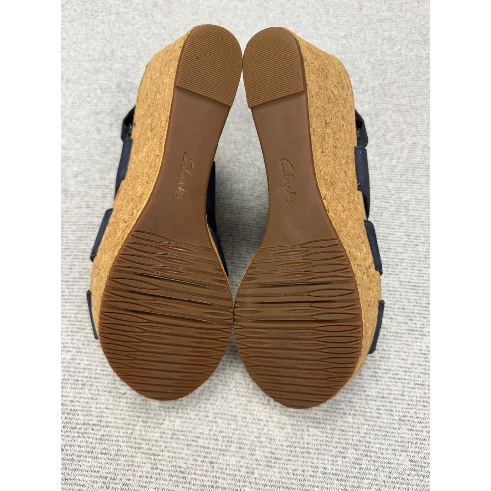 Clarks Collection Navy Blue Leather Cork Wedge Sandals‎ Womens 9.5 M